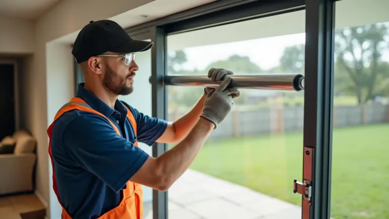 Professional technician installing new sliding door rollers